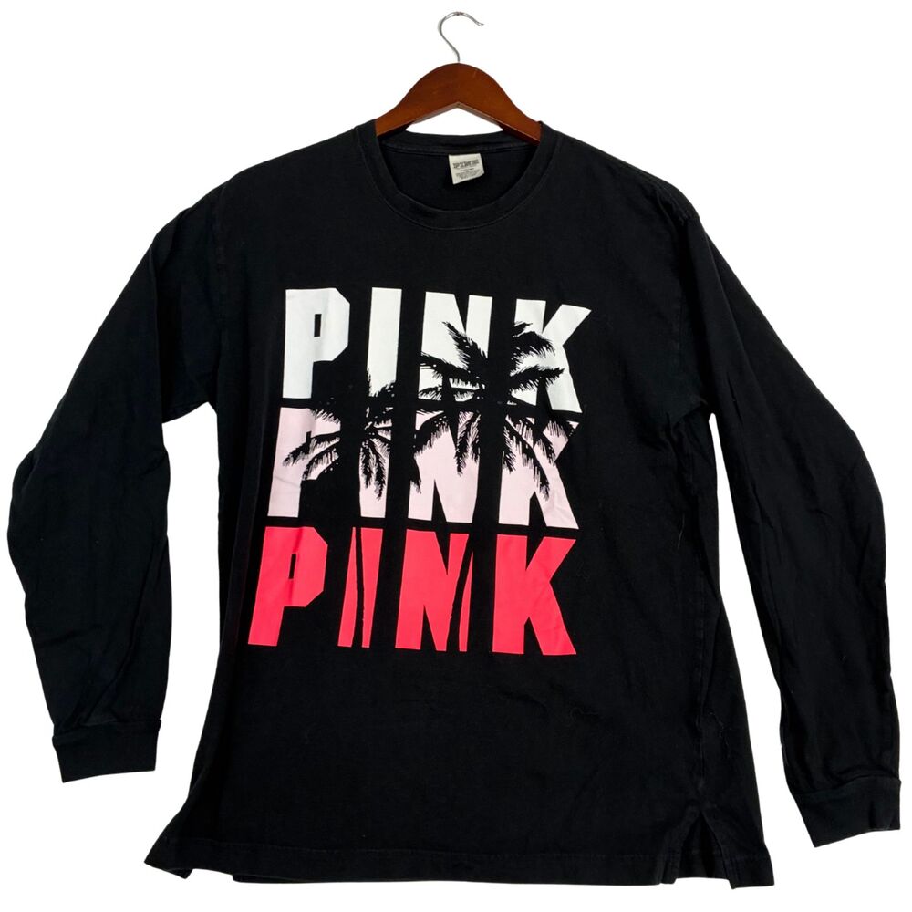 Victoria's Secret PINK Womens M Black Palm Tree Graphic Long Sleeve Shirt